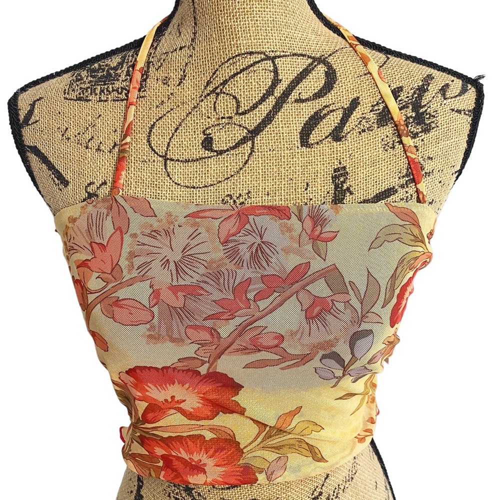 Fashion Sexy Lounge Multicolor Floral Mesh Overlay Halter Tie At Neck Top, Large